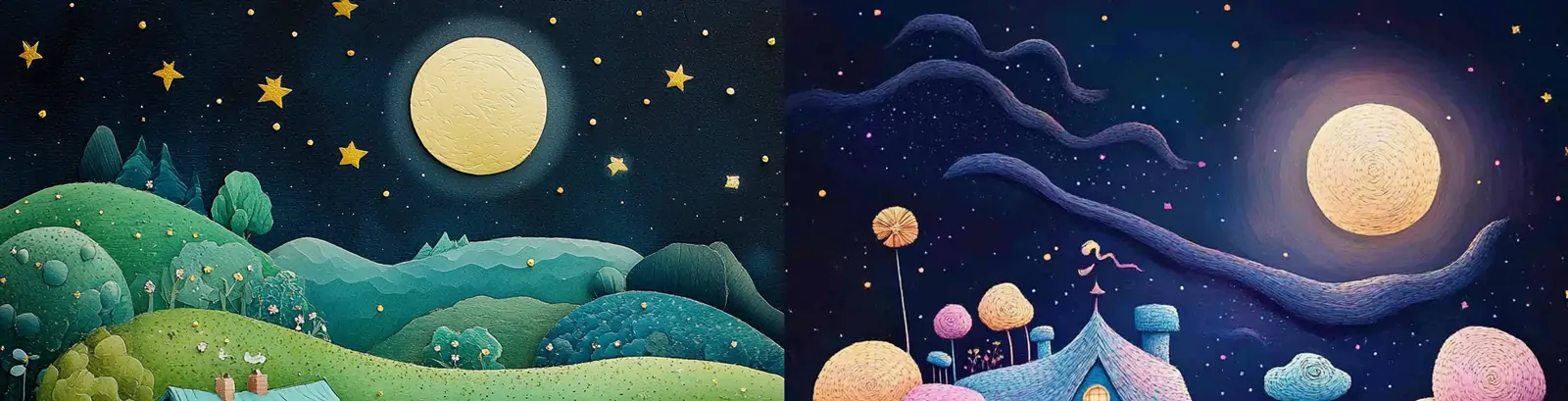 手绘彩色卡通霍比特人小屋花园河流星星月亮夜晚场景插图midjourney关键词咒语