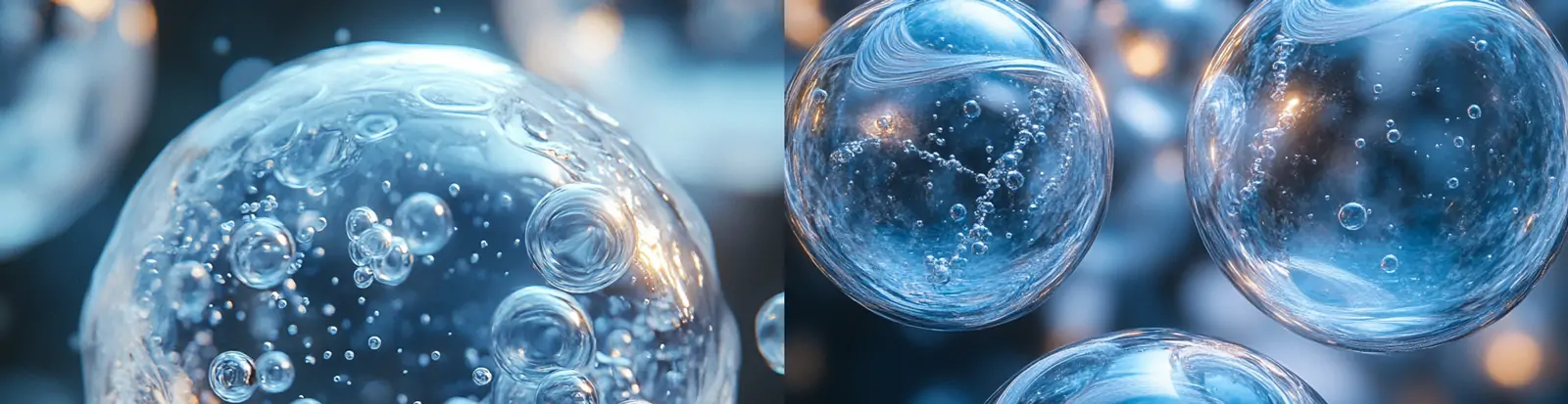 蓝色科技感透明气泡水滴水分子特写摄影海报背景midjourney关键词咒语