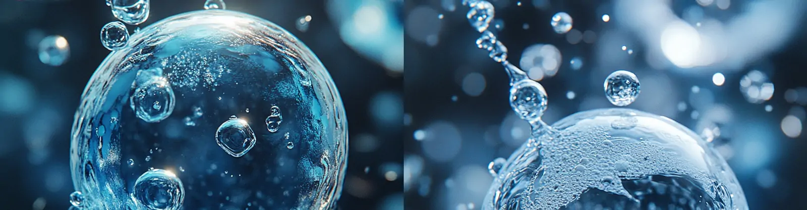 蓝色科技感透明气泡水滴水分子特写摄影海报背景midjourney关键词咒语