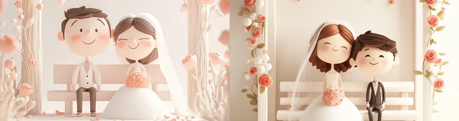 3D可爱卡通幸福婚礼婚纱照新郎新娘人物模型摄影海报midjourney关键词咒语