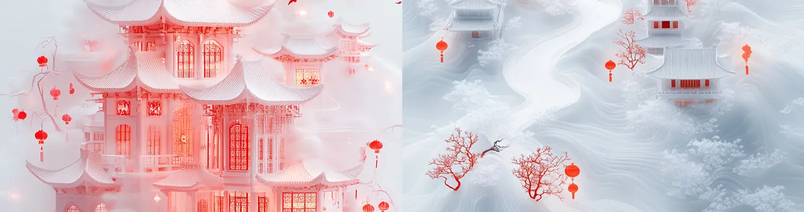 中国风白色梦幻禅意传统建筑阁楼灯笼场景艺术图像海报midjourney关键词咒语