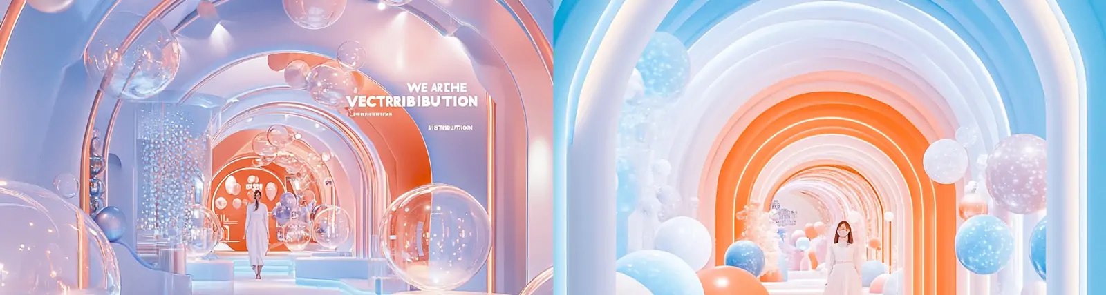 未来主义彩色渐变隧道式空间展厅模特浮动球体几何场景摄影海报midjourney关键词咒语