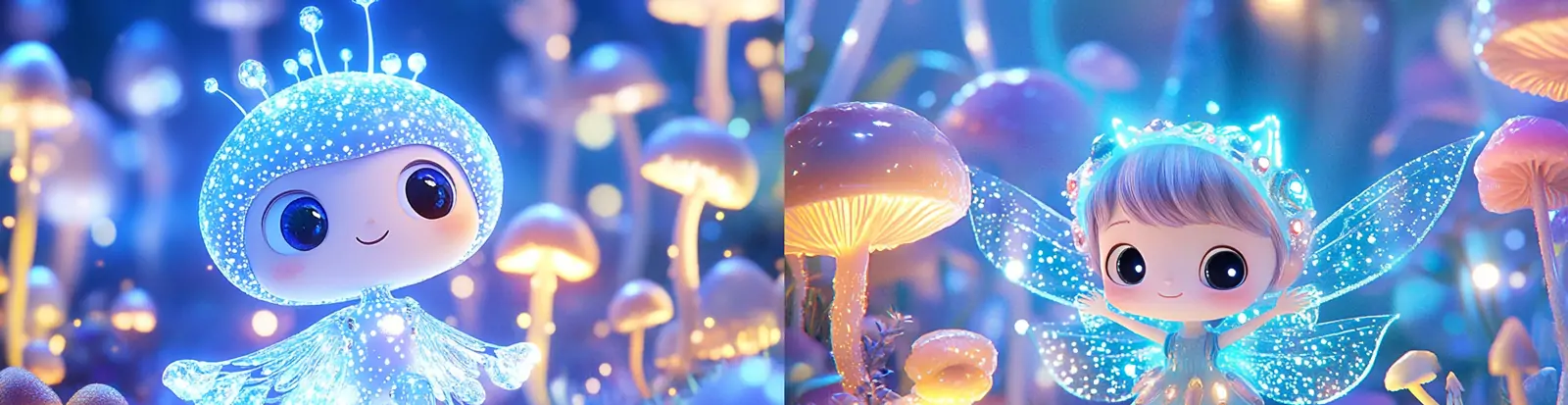 未来主义可爱卡通蓝色仙女精灵翅膀发光体电影角色人物插图海报midjourney关键词咒语