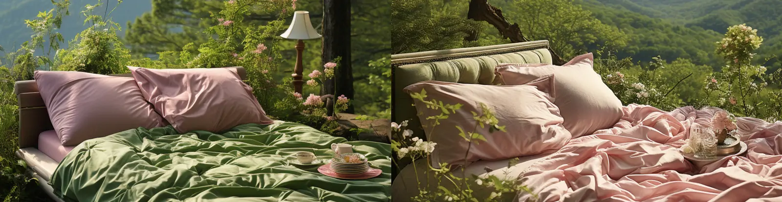 创意自然森林浪漫粉色绿色床品四件套产品电商广告摄影海报midjourney关键词咒语