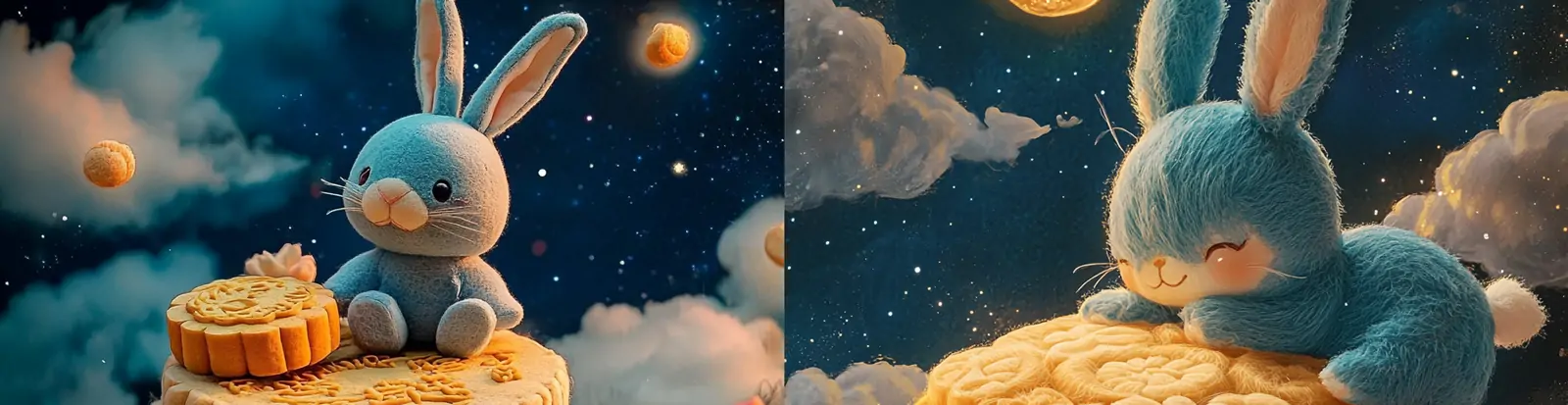 趣味可爱卡通中秋节月亮兔子月饼童话世界插图海报midjourney关键词咒语