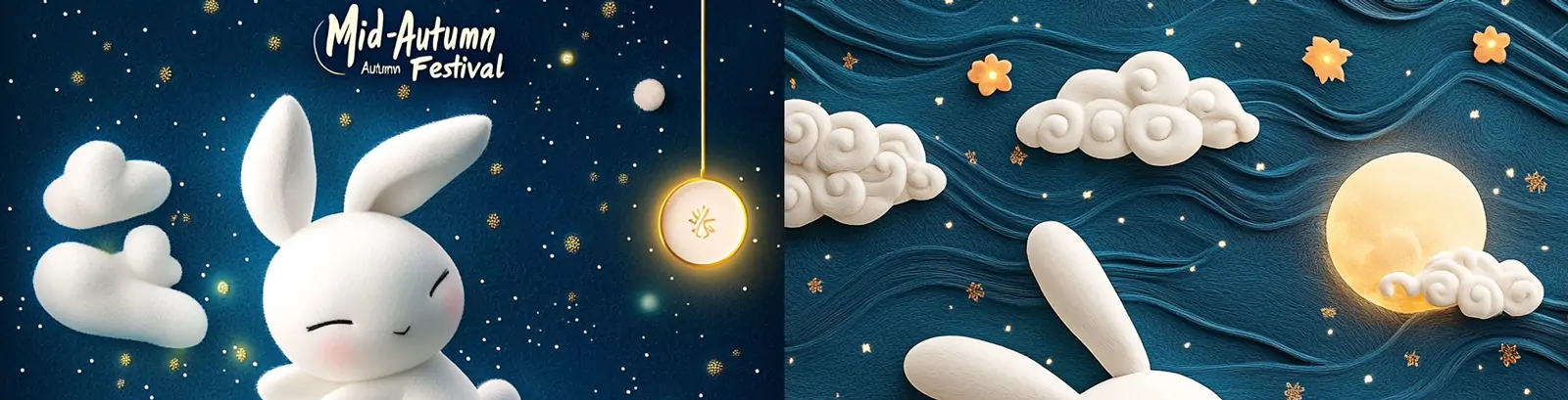 趣味可爱卡通中秋节月亮毛绒兔子月饼童话世界立体插图海报midjourney关键词咒语