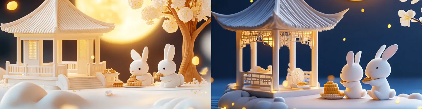 中国风3D立体可爱卡通中秋节月亮兔子亭子场景插图海报midjourney关键词咒语