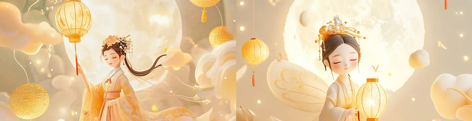 手绘可爱中国风中秋节嫦娥月亮玉兔灯笼梦幻迪士尼场景插图海报midjourney关键词咒语