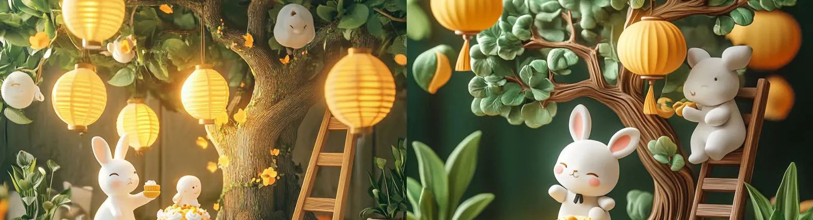 3D立体可爱卡通中秋节兔子月亮月饼灯笼粘土世界主题海报midjourney关键词咒语