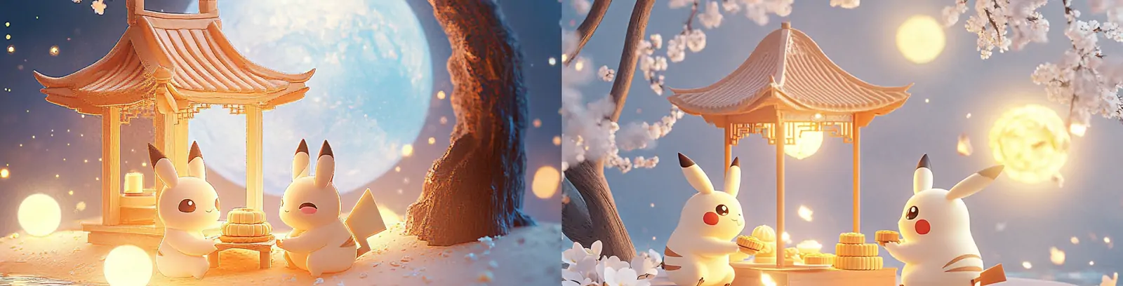 中国风3D立体可爱卡通中秋节兔子亭子月饼月亮微观场景海报midjourney关键词咒语