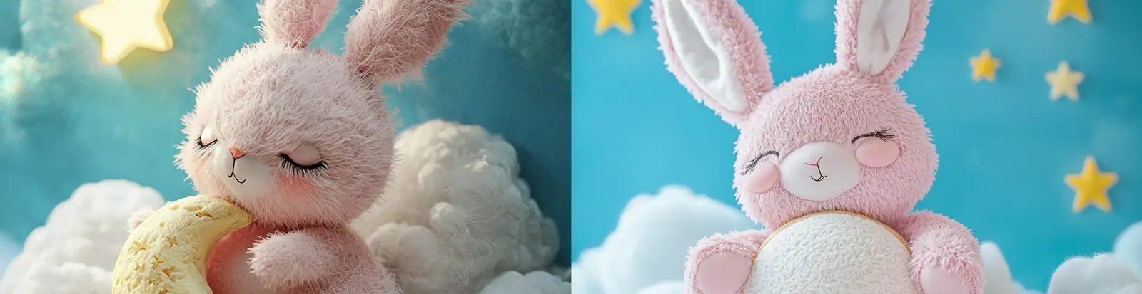 可爱兔子毛绒玩具星星月亮云朵场景手工艺品摄影海报midjourney关键词咒语