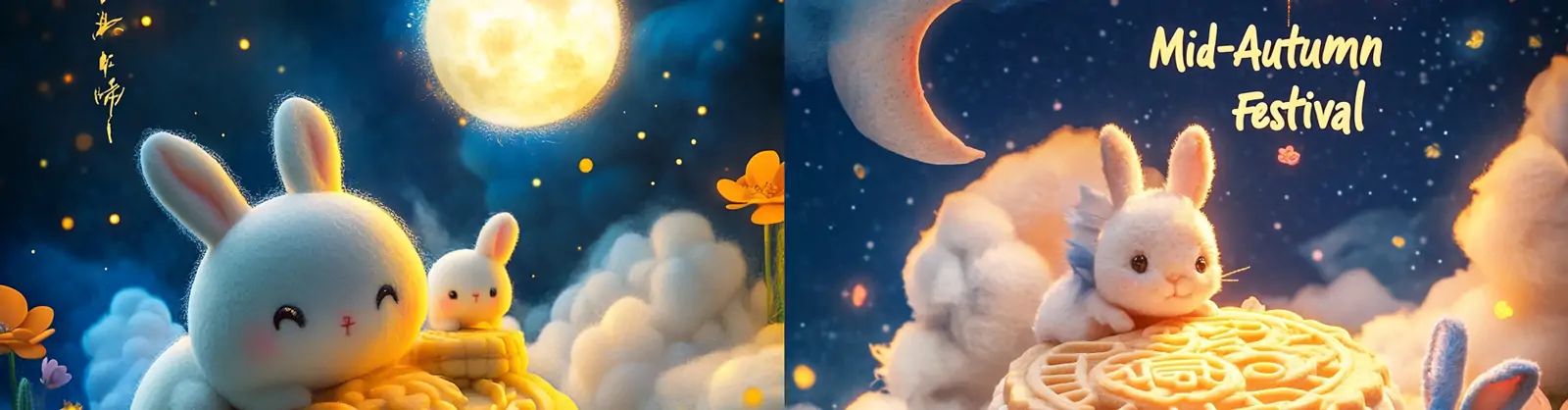 趣味可爱卡通中秋节月亮兔子月饼童话世界场景手工插图海报midjourney关键词咒语