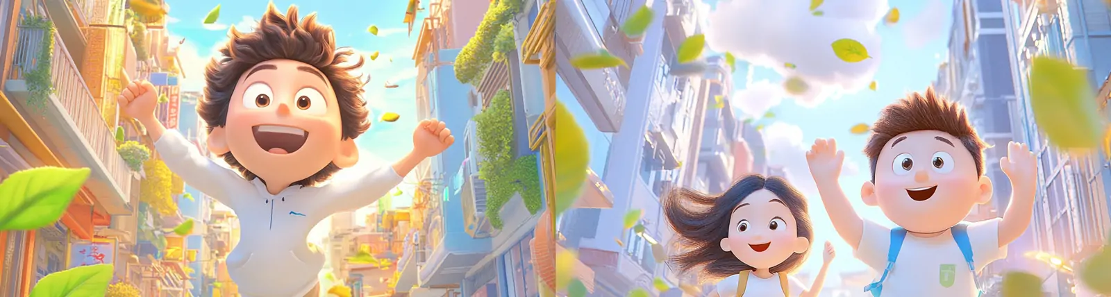 动漫可爱卡通儿童学生开学季快乐奔跑欢呼场景皮克斯风格插图海报midjourney关键词咒语