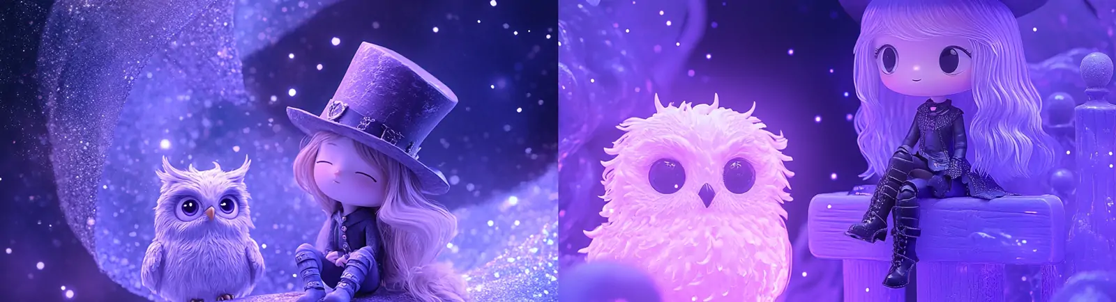 梦幻紫色动漫卡通川崎风格女孩猫头鹰神秘城堡场景插图海报midjourney关键词咒语