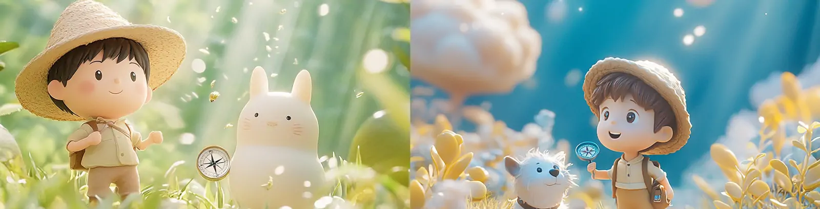 3D立体动漫卡通男孩狗狗森林旅行探险迪士尼动画场景插图海报midjourney关键词咒语