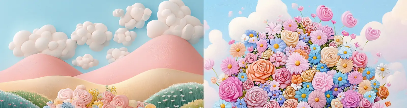 手绘梦幻蓝色复古卡车堆满鲜花自然田园风光场景插图海报midjourney关键词咒语