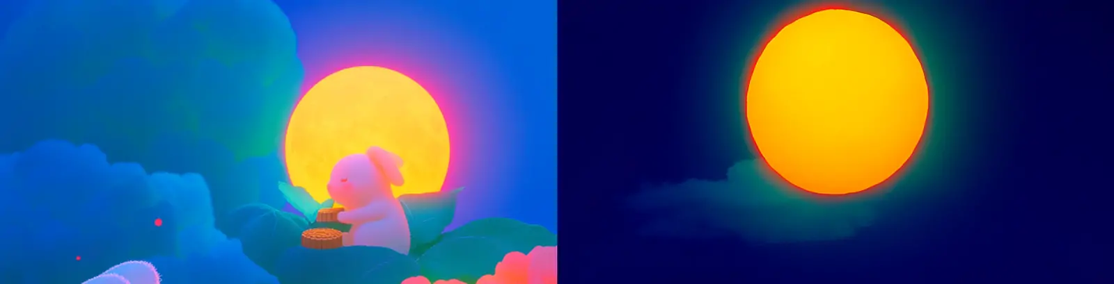 创意彩色中秋节月亮兔子月饼天空云朵立体场景艺术插图海报midjourney关键词咒语