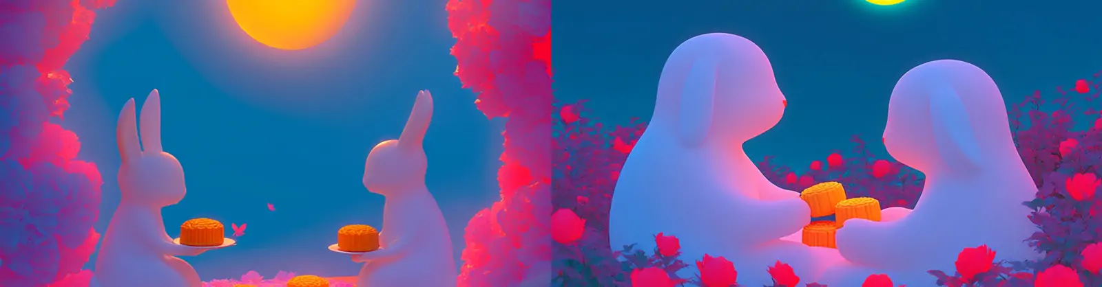 创意彩色中秋节月亮兔子月饼天空云朵立体场景艺术插图海报midjourney关键词咒语