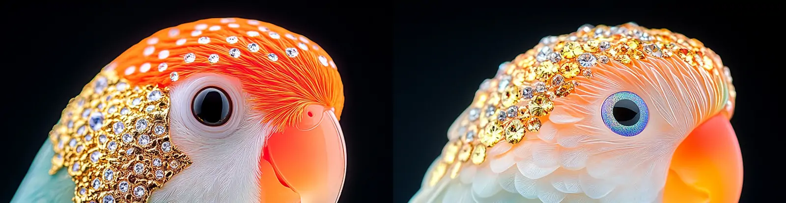 超现实自然精致钻石多彩长尾小鹦鹉动物手工艺品特写微距摄影海报midjourney关键词咒语