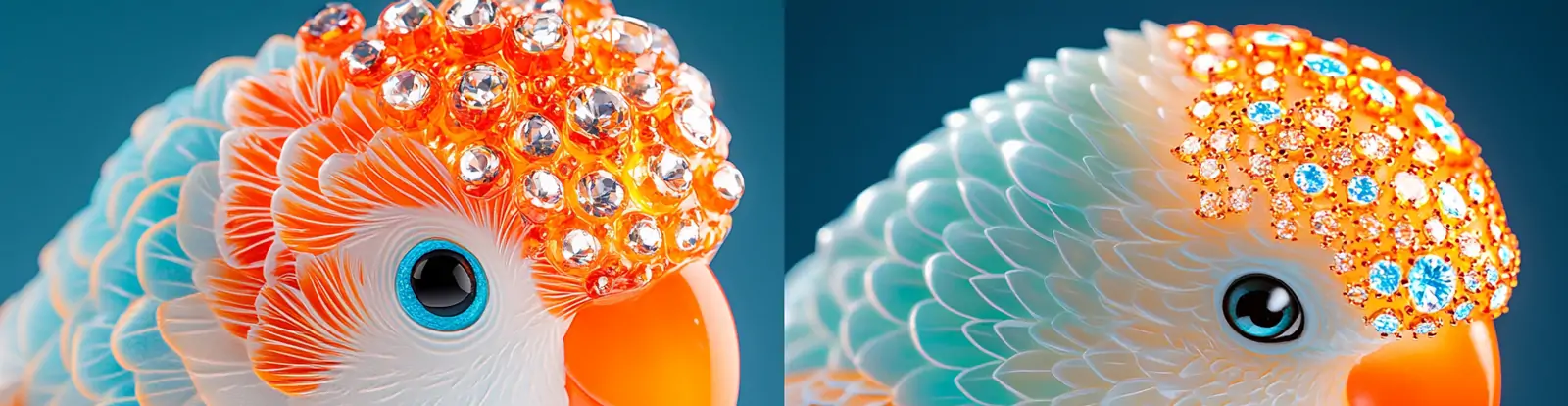 超现实自然精致钻石多彩长尾小鹦鹉动物手工艺品特写微距摄影海报midjourney关键词咒语