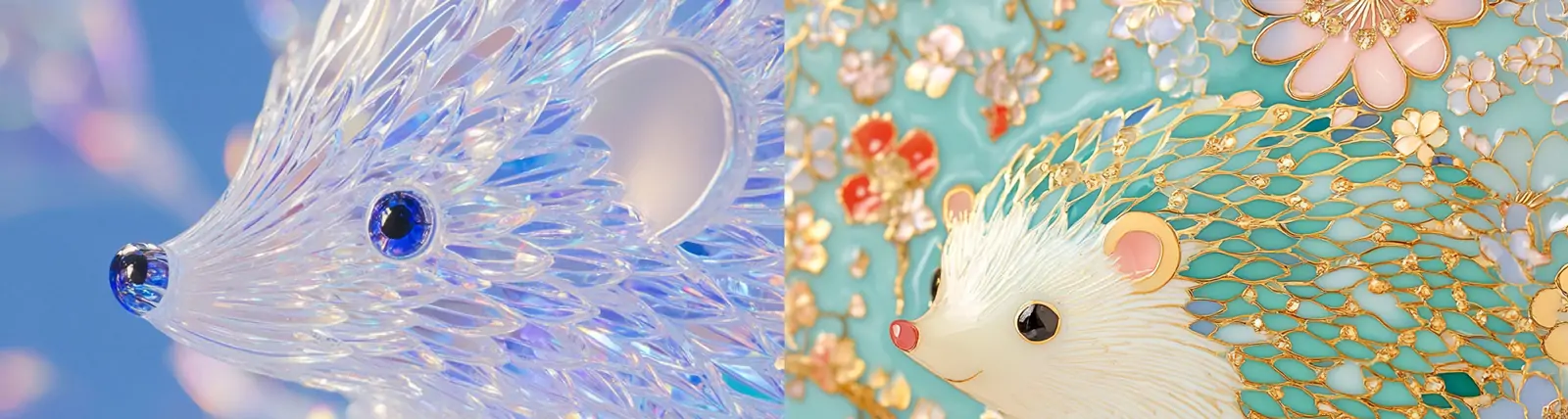 美丽精致透明水晶钻石彩色动物刺猬手工艺品模型摄影海报midjourney关键词咒语