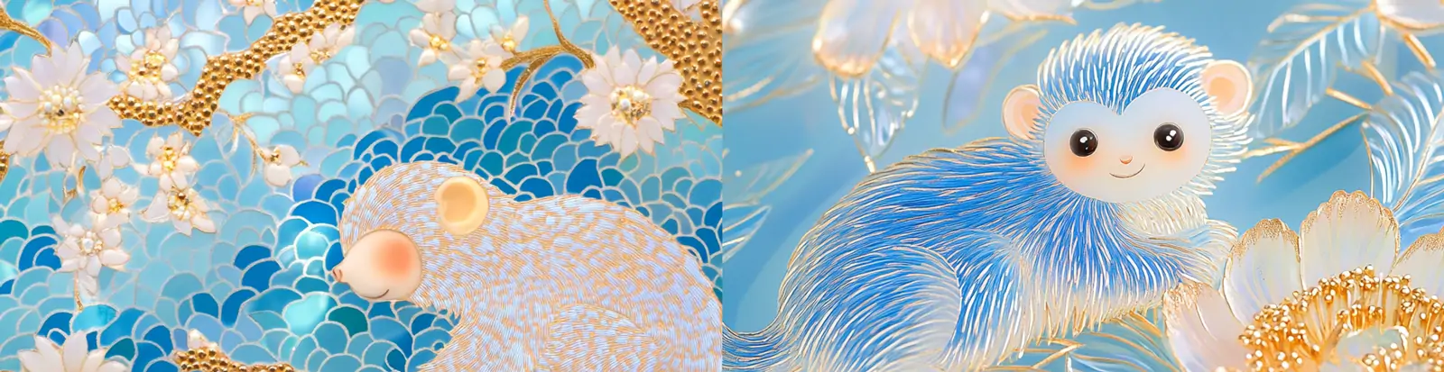 美丽精致透明水晶钻石彩色动物猴子手工艺品模型摄影海报midjourney关键词咒语