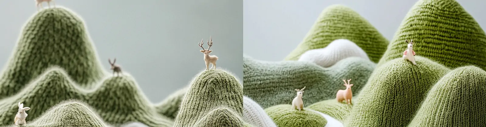 中国风绿色自然山水河流山脉山谷小鹿景观针织毛线立体手工艺品海报midjourney关键词咒语