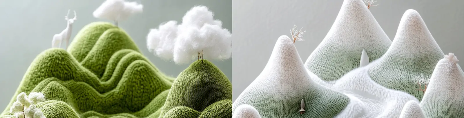 中国风绿色自然山水河流山脉山谷小鹿景观针织毛线立体手工艺品海报midjourney关键词咒语