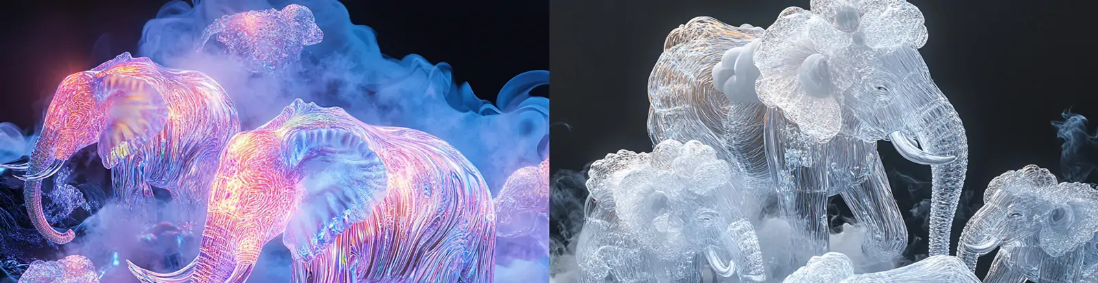 创意超现实彩色透明大象烟雾场景模型海报midjourney关键词咒语