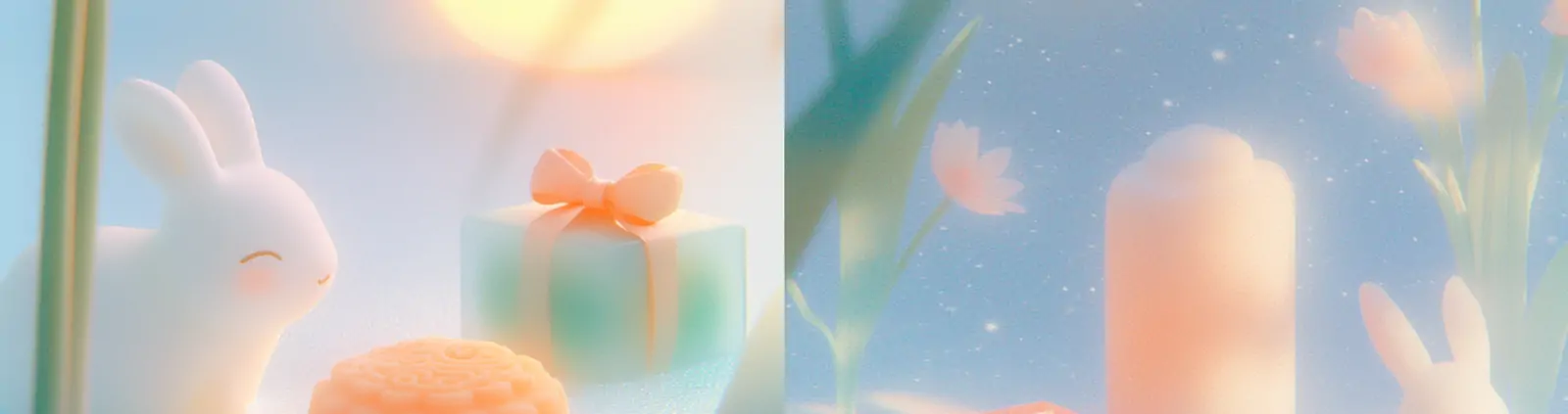 极简主义中秋节月亮兔子月饼礼盒梦幻场景插图海报midjourney关键词咒语
