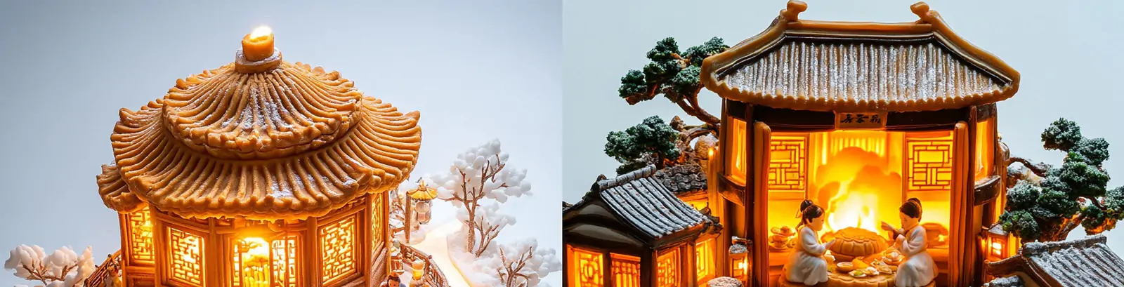 创意中国风中秋节巨型月饼家人团聚晚餐建筑场景模型海报midjourney关键词咒语