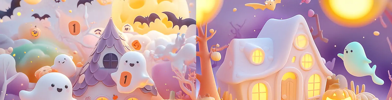 趣味可爱卡通儿童万圣节南瓜灯蝙蝠幽灵场景插图绘画海报midjourney关键词咒语