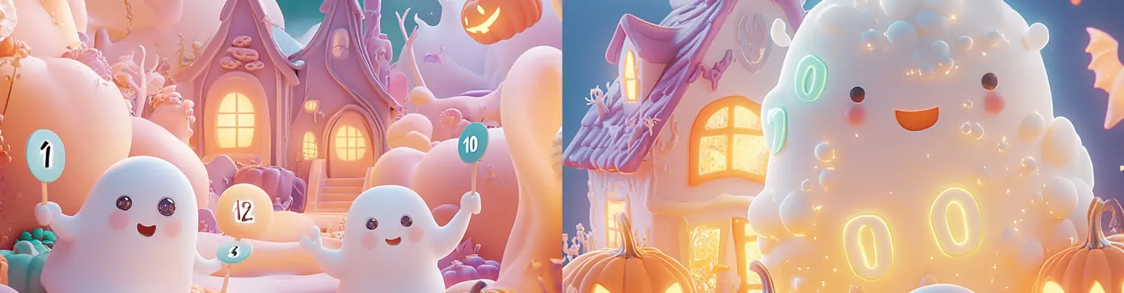 趣味可爱卡通儿童万圣节南瓜灯蝙蝠幽灵场景插图绘画海报midjourney关键词咒语