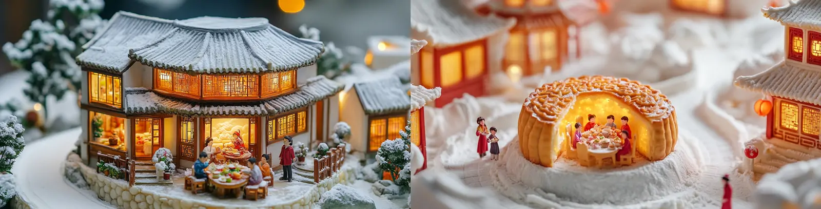 创意中国风中秋节巨型月饼家人团聚晚餐建筑场景模型海报midjourney关键词咒语