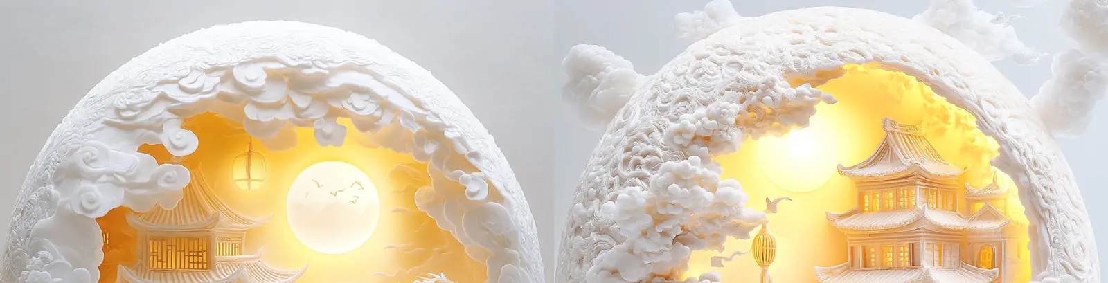 白色中国风古代建筑中秋节月亮灯笼祥云立体雕刻空间场景海报midjourney关键词咒语