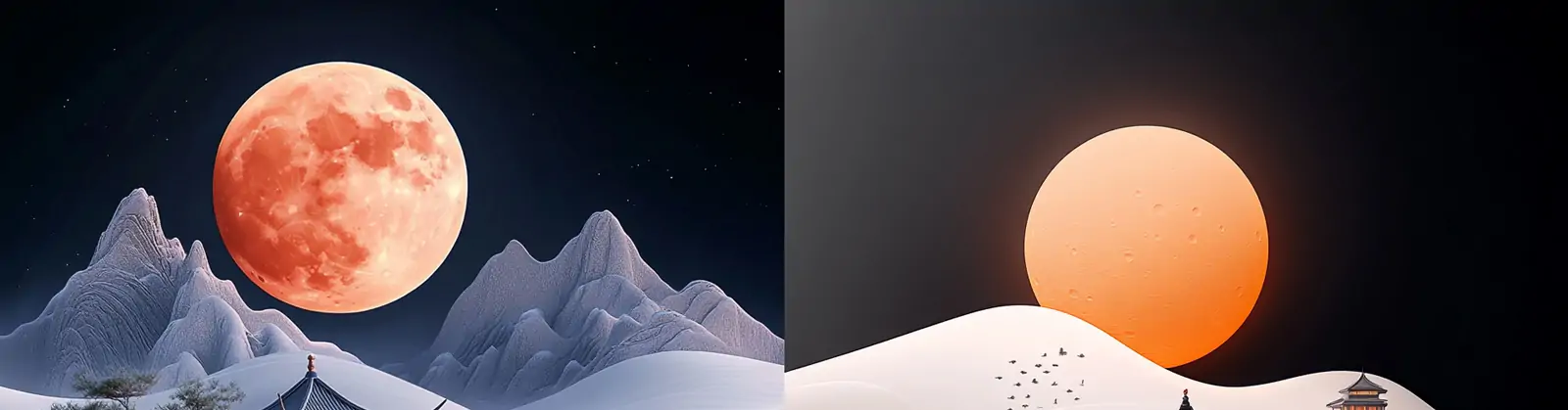 中国风传统宫殿建筑沙丘湖泊月亮倒影夜景场景艺术插图海报midjourney关键词咒语