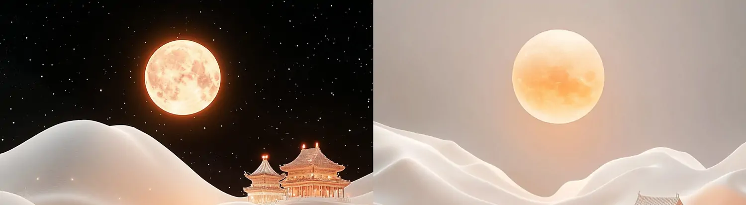 中国风传统宫殿建筑沙丘湖水月亮人物夜景场景艺术插图海报midjourney关键词咒语