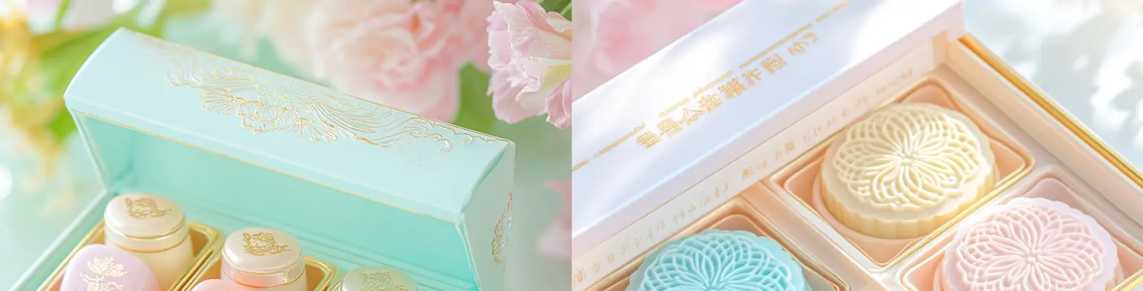 高端彩色马卡龙色系甜品月饼点心礼盒包装产品广告摄影海报midjourney关键词咒语