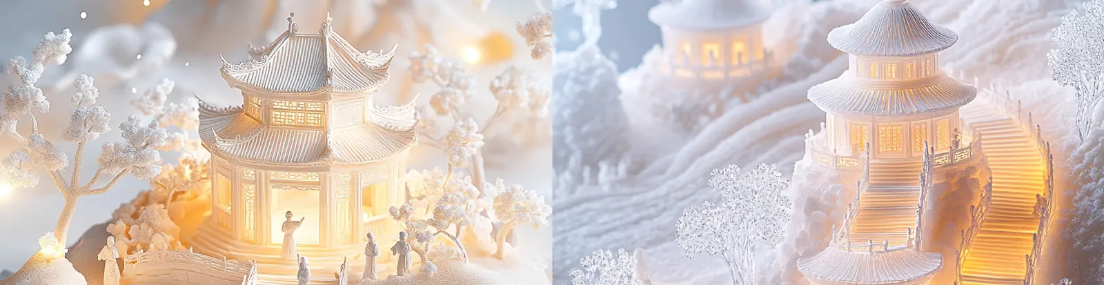 中国风古代建筑人物灯光场景微型景观模型剪纸艺术立体空间海报midjourney关键词咒语