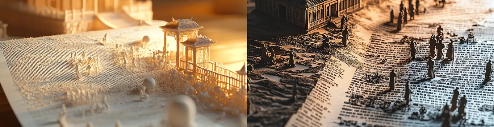 中国风古代建筑人物街道场景暖色灯光卷轴剪纸艺术空间海报midjourney关键词咒语