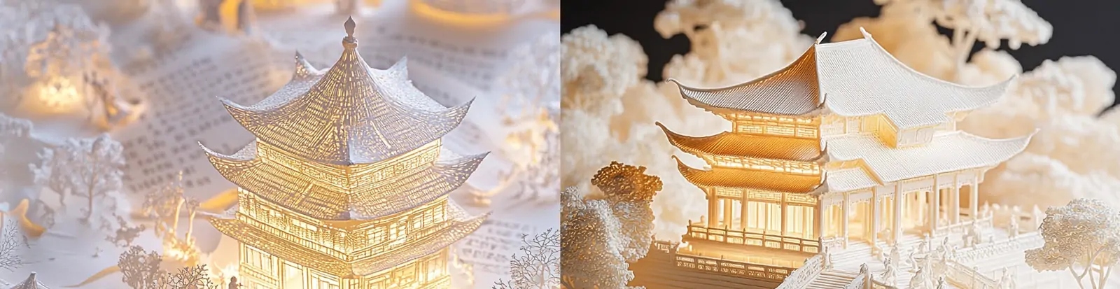 中国风古代文化建筑人物灯光场景景观模型剪纸艺术立体空间海报midjourney关键词咒语