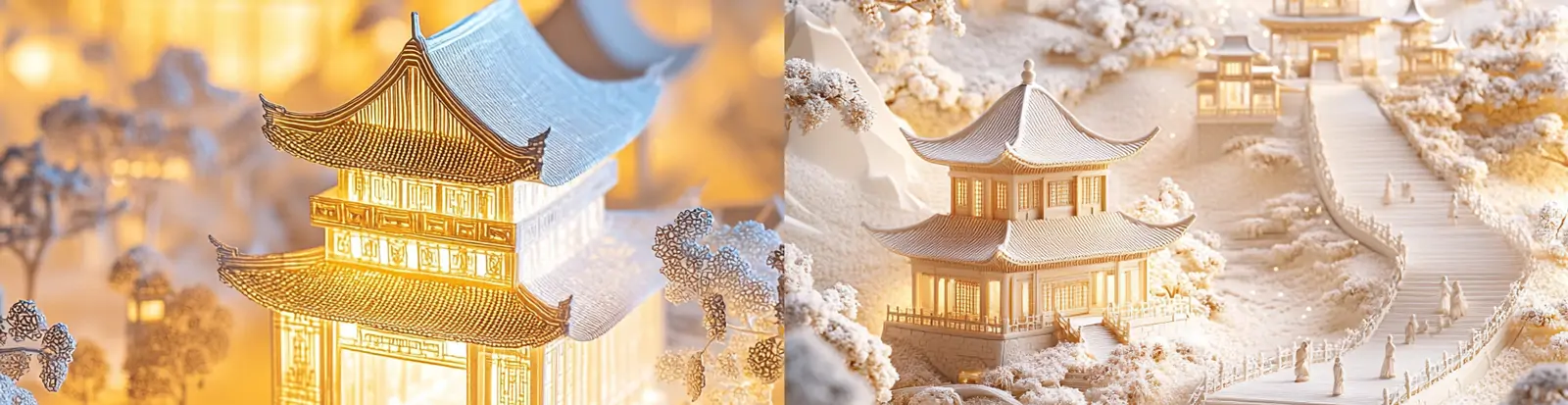 中国风古代文化建筑人物灯光场景景观模型剪纸艺术立体空间海报midjourney关键词咒语