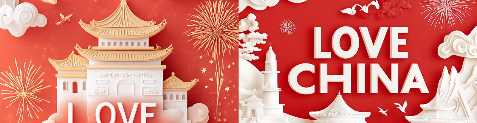 中国风红色喜庆十一国庆节我爱中国建筑烟花祥云图案插图海报midjourney关键词咒语