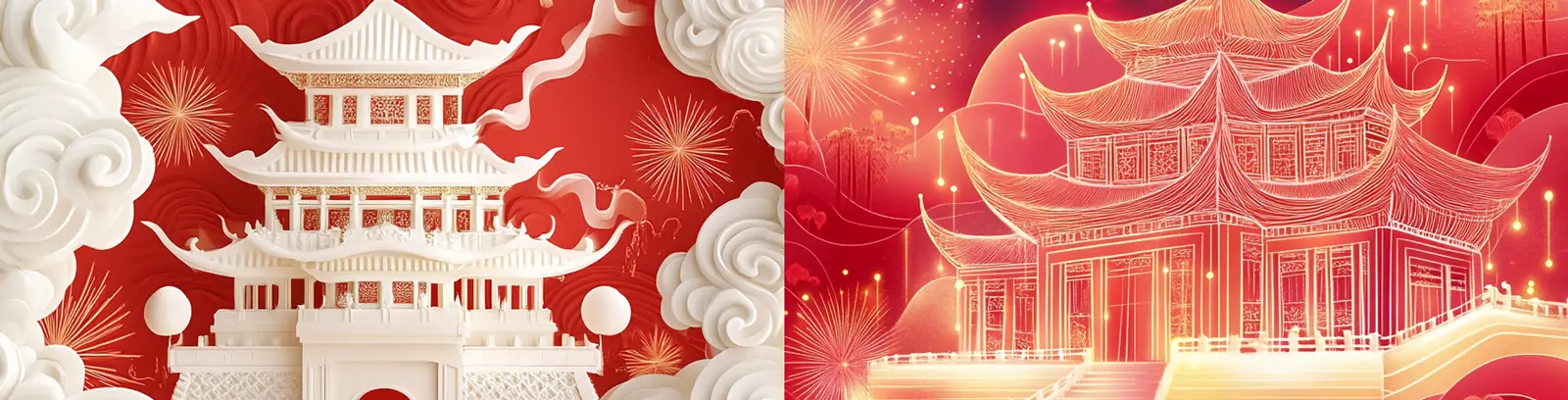 中国风红色喜庆十一国庆节我爱中国建筑烟花祥云图案插图海报midjourney关键词咒语