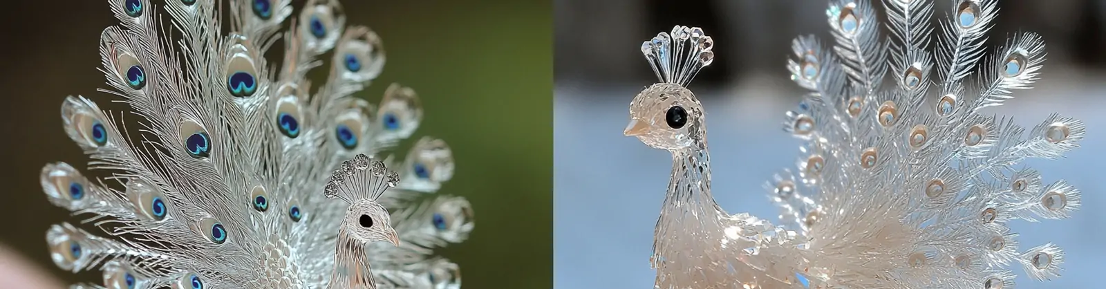 迷你透明水晶玻璃孔雀立体动物模型摄影海报midjourney关键词咒语