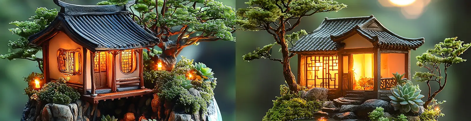 创意景德镇陶瓷茶杯建筑树木植物木屋微造景立体景观模型midjourney关键词咒语