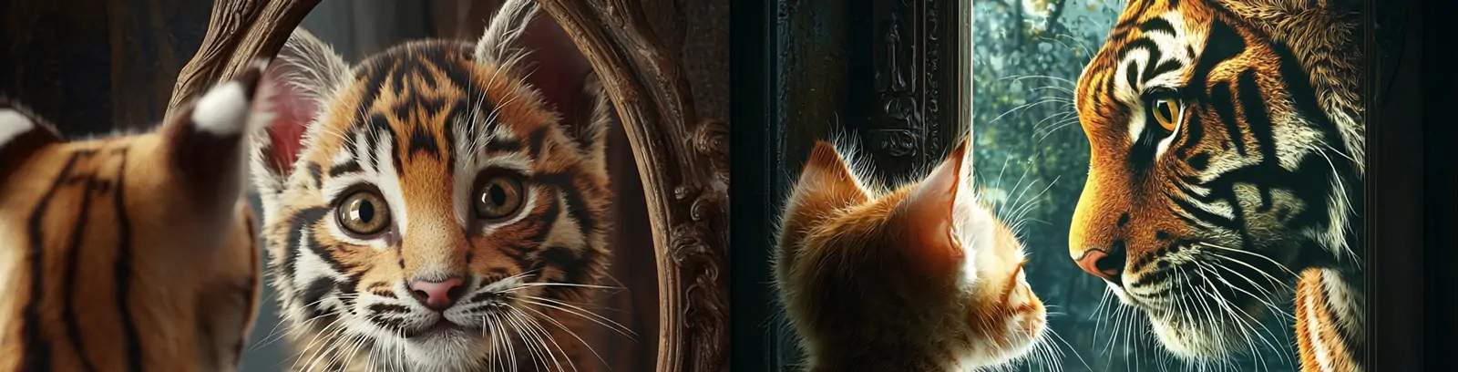 创意逼真可爱猫咪老虎对视镜像效果摄影海报midjourney关键词咒语