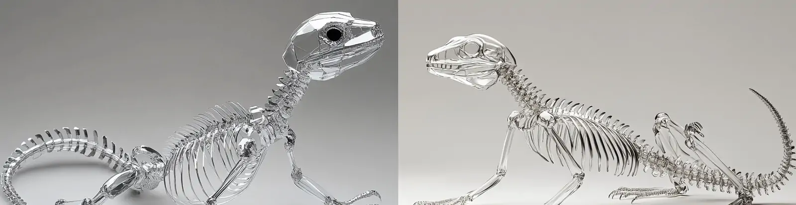 银色透明玻璃材料蜥蜴骨架立体透视模型海报midjourney关键词咒语