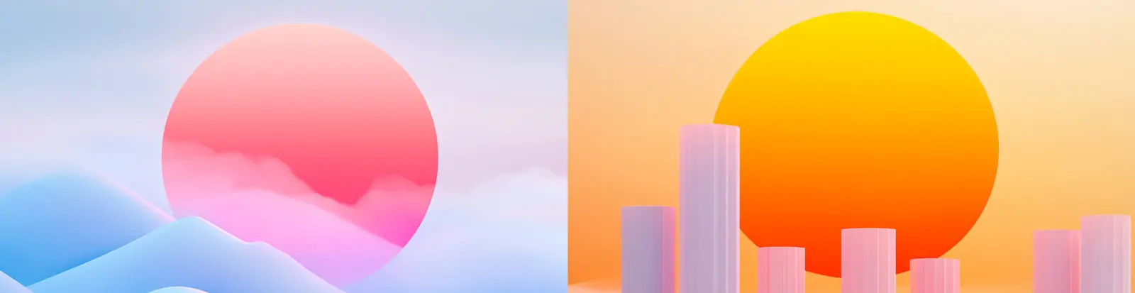 彩色渐变日出城市建筑天空山脉剪影轮廓插图海报背景midjourney关键词咒语