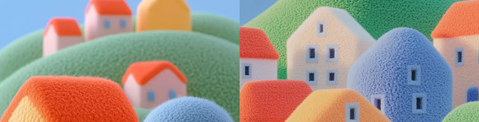 彩色立体城市建筑房子羊毛毡手工艺品模型海报midjourney关键词咒语